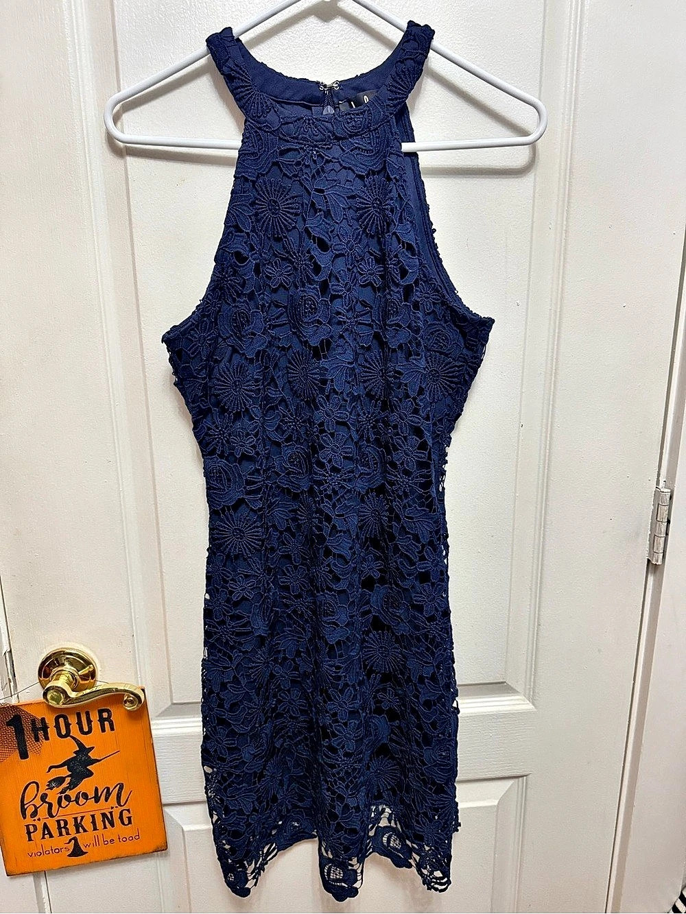 Lulus Navy Blue Crochet Lace Halter Mini Cocktail Dress